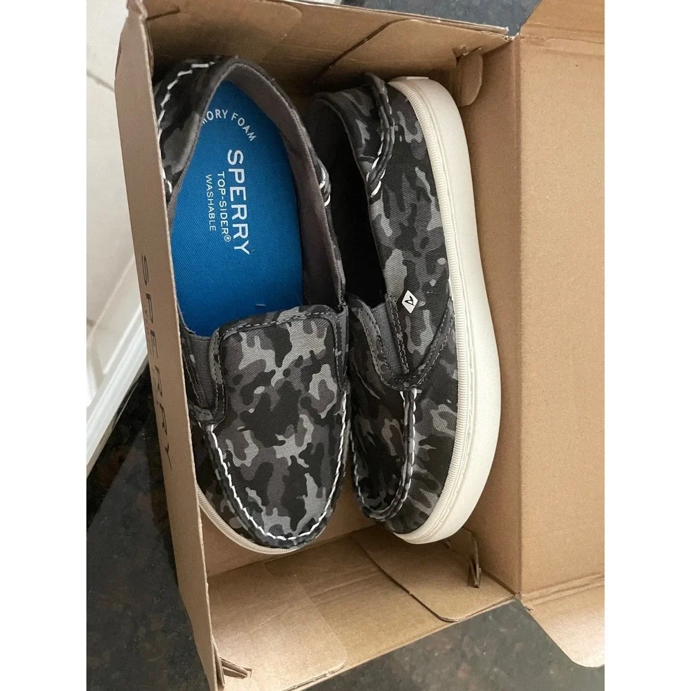 Sperry Salty Washable Boys Grey Camo Slip On Boat Shoes Sneakers 2M SCK265985